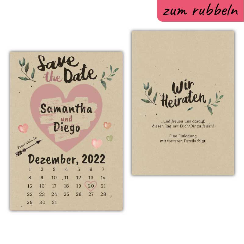 Save the Date Karte mit Rubbelherz rose gold